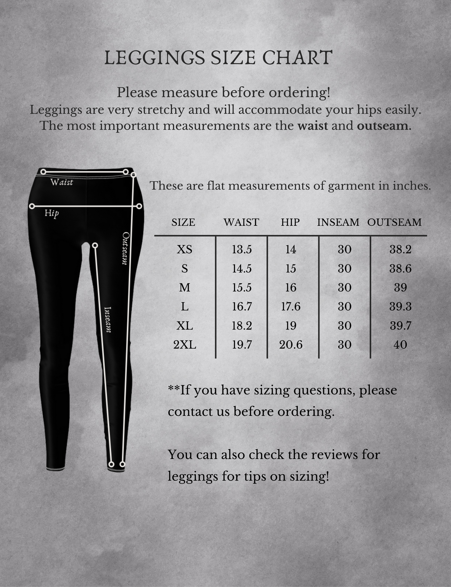 a woman's leggings size chart with measurements