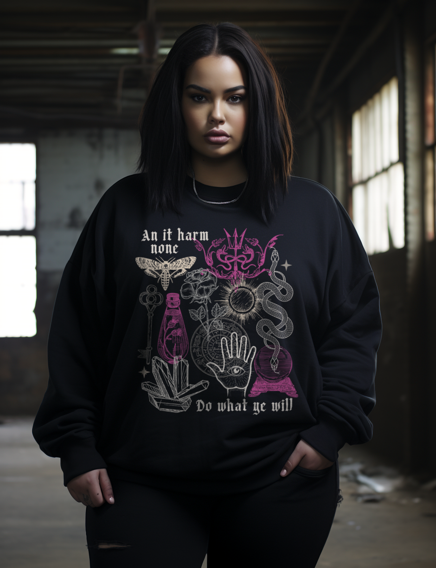 Edgy Plus Size Goth Witchcraft Collage Sweatshirt