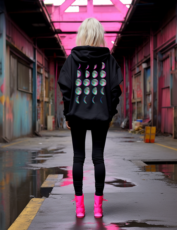 Edgy Goth Witchy Glitch Moon Phase Plus Size Zip Up Hoodie