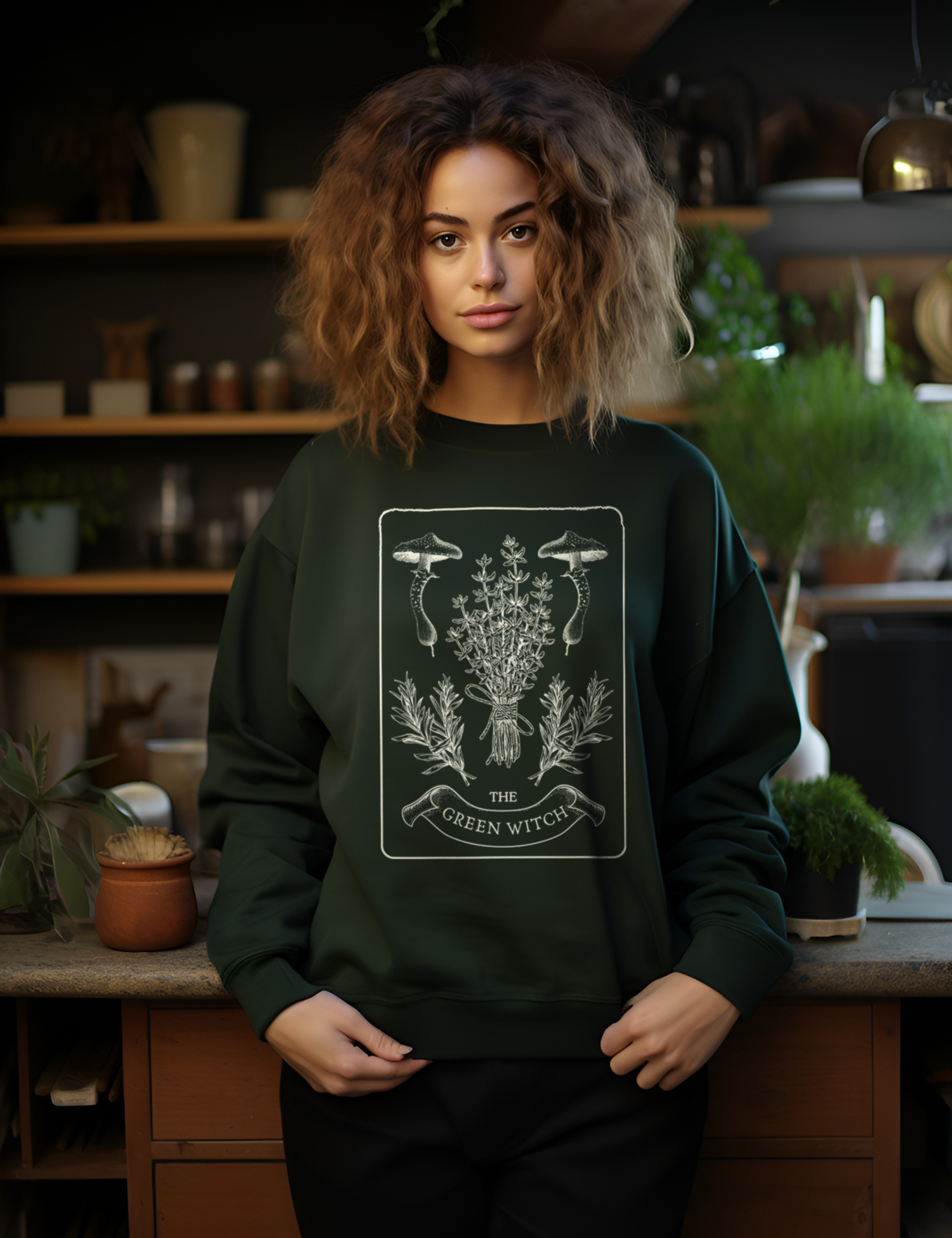 Green Witch Tarot Card Herbology Mushroom Plus Size Sweatshirt