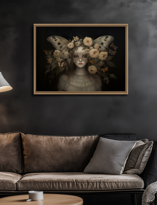 Moody Goth Surrealism Dark Cottagecore Decor Moth Girl Fine Art Print Poster