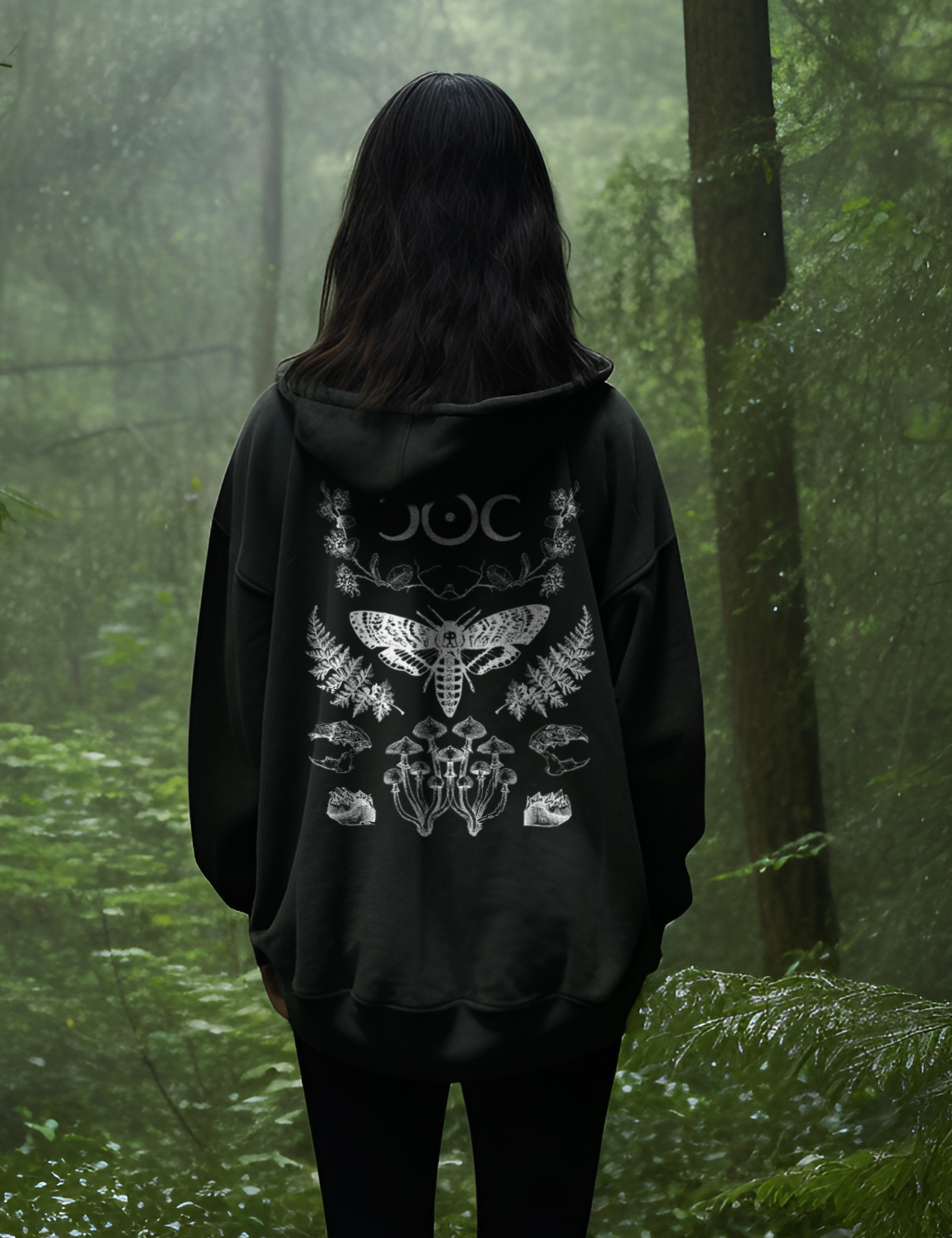 Moth Mushroom Forest Green Witch Natural Magic Plus Size Zip Up Hoodie
