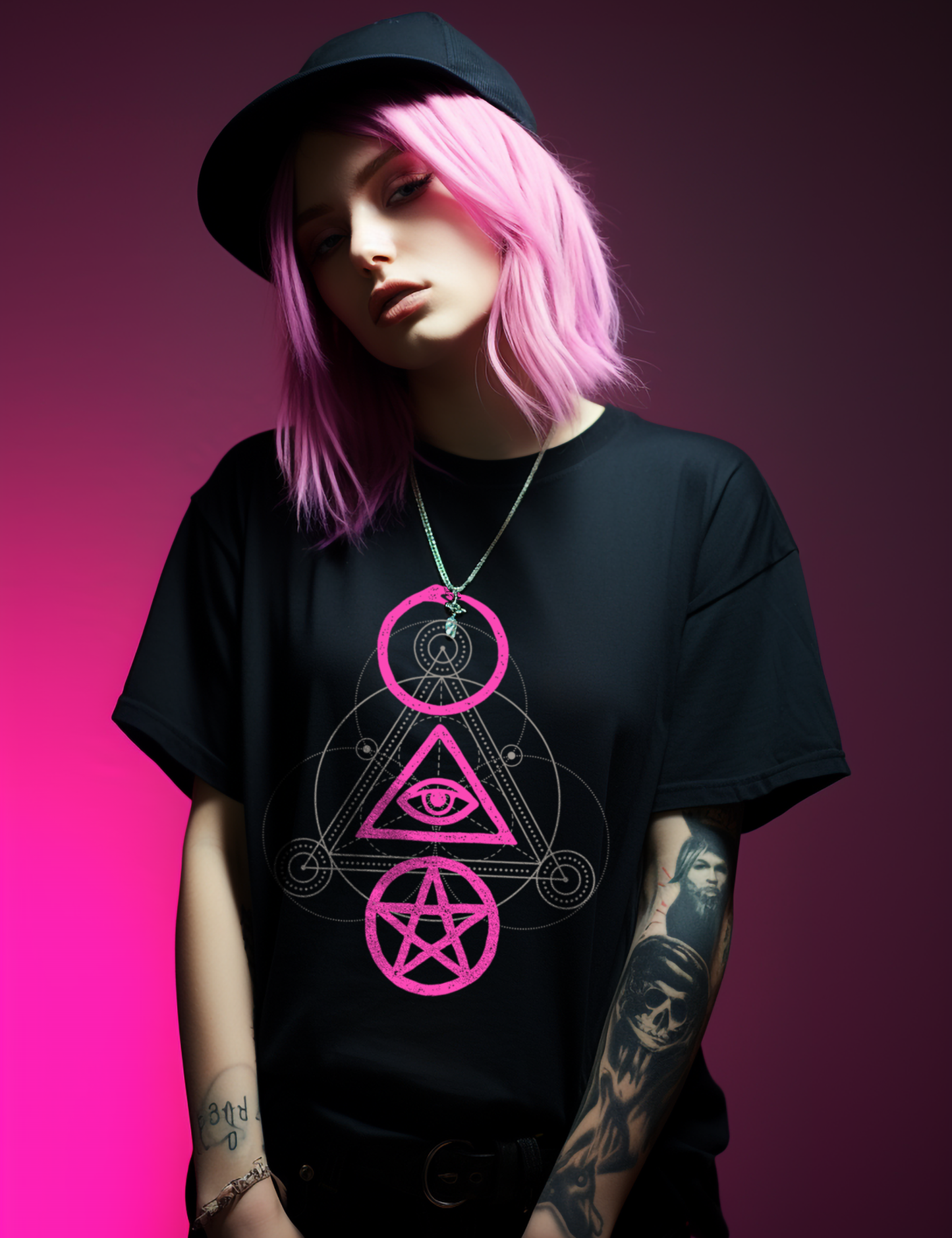 Edgy Neon Pink Occult Symbols Plus Size Goth Clothing Witchcraft Shirt