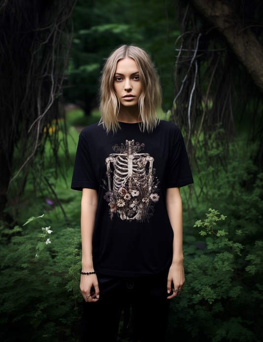 Dark Cottagecore Aesthetic Fairycore Grunge Clothing Witchy Skeleton Ribcage Wildflowers Plus Size Goth Shirt