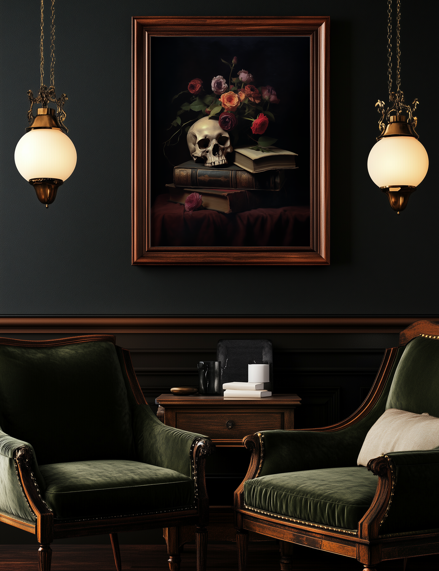 Goth Dark Academia Bedroom Decor Skull and Books Fine Art Print Poster