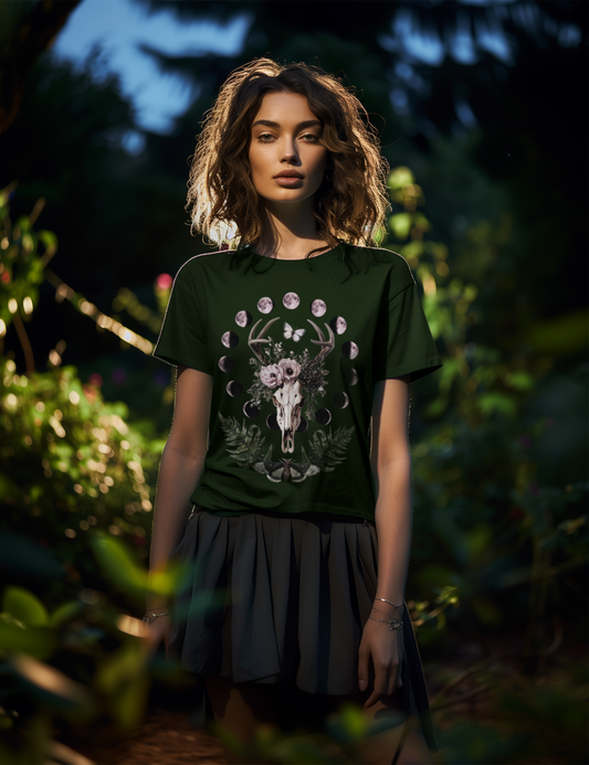 Dark Cottagecore Aesthetic Fairycore Grunge Clothing Skull Moth Moon Phase Plus Size Natural Magic Green Witch Shirt