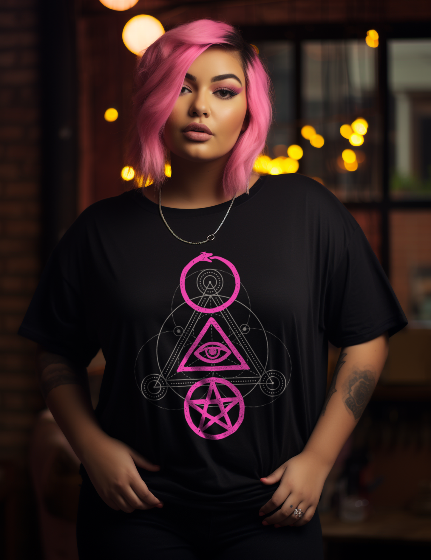 Edgy Neon Pink Occult Symbols Plus Size Goth Clothing Witchcraft Shirt