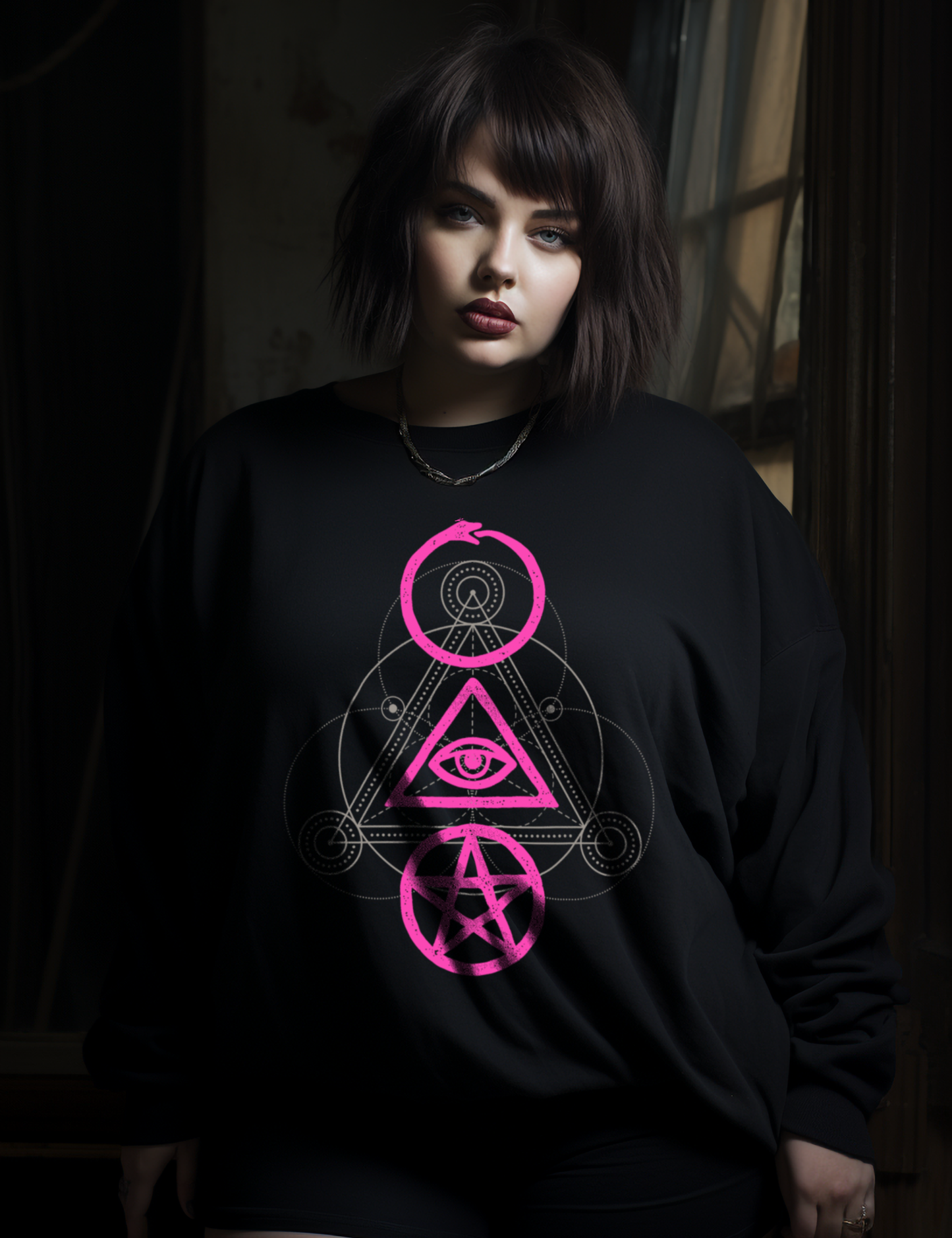 Neon Pink Ouroboros Occult Alchemy Sacred Geometry Plus Size Goth Sweater